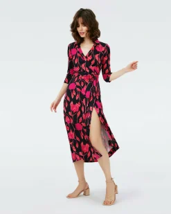 Dvf Abigail Midi Dress In Lantern Leaves Posion Pk Lg