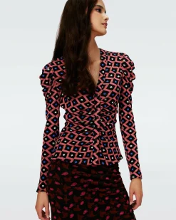 Dvf Gladys Top Reversible In Heart Leaves Blk/Dia Cubes Pk