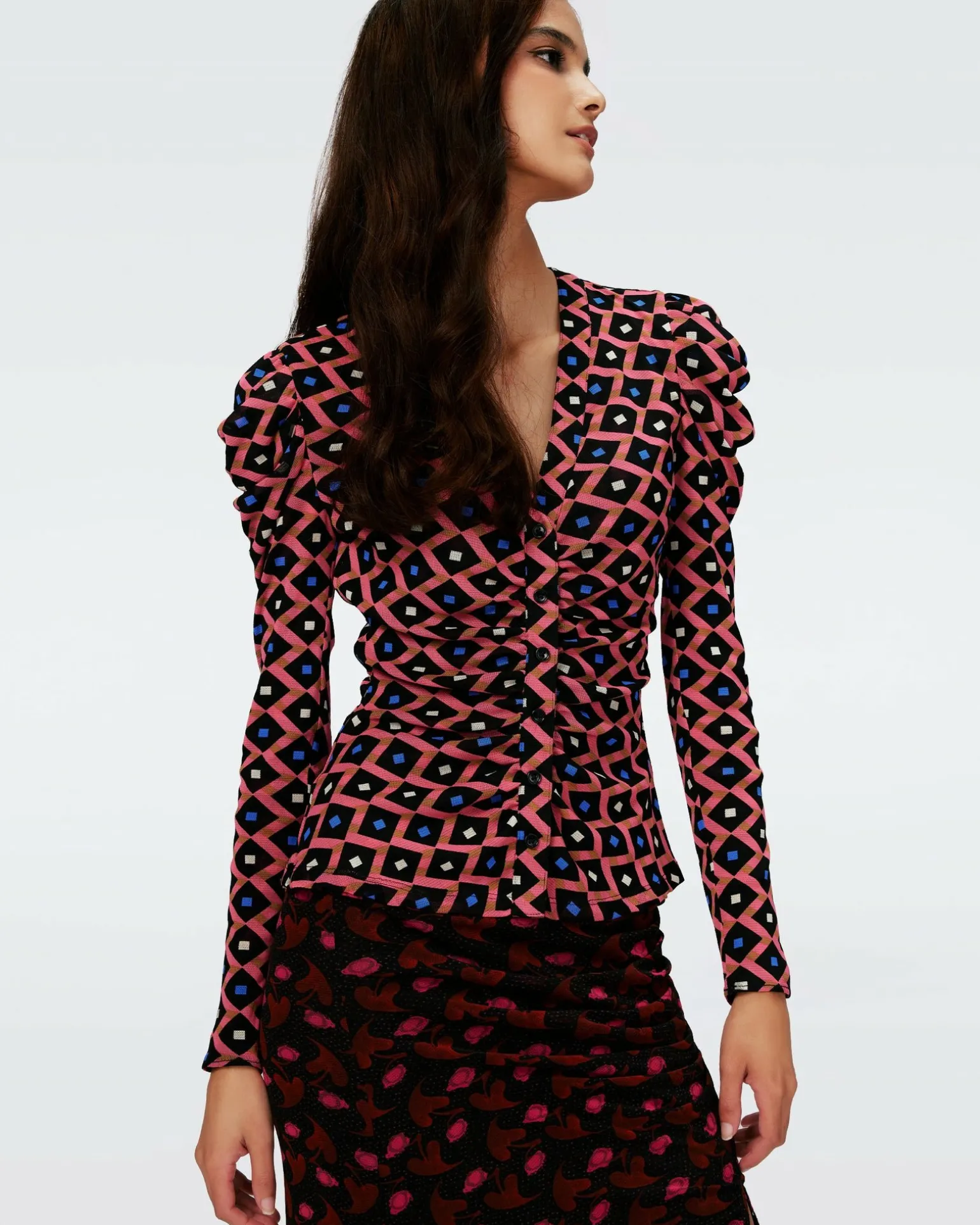 Dvf Gladys Top Reversible In Heart Leaves Blk/Dia Cubes Pk