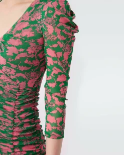 Marcelle Pleated Mesh Dress In Billiard Green Begonia Leaves