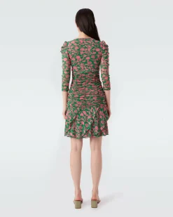 Marcelle Pleated Mesh Dress In Billiard Green Begonia Leaves