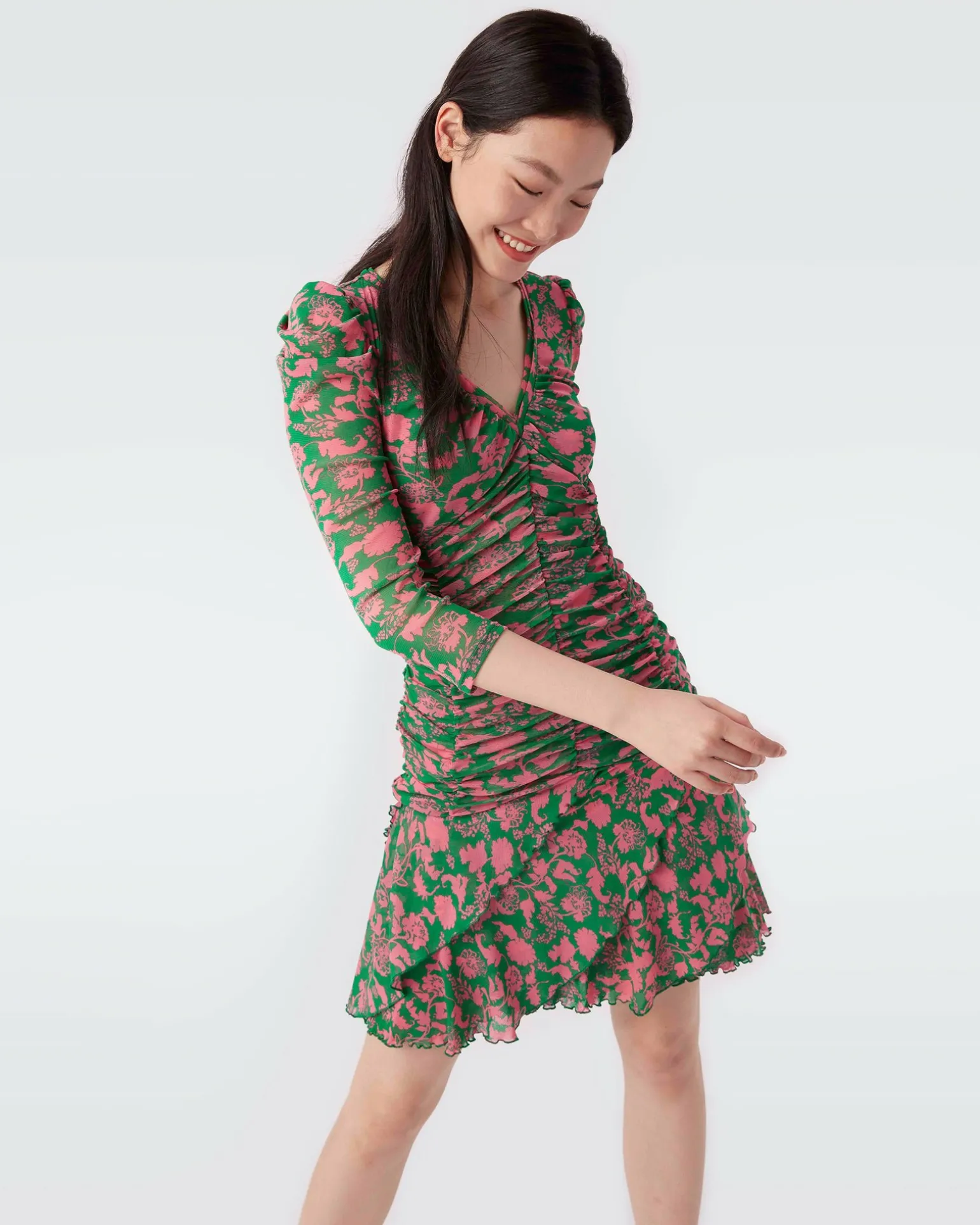 Marcelle Pleated Mesh Dress In Billiard Green Begonia Leaves